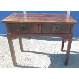 Chinese hardwood rectangular side table, plank top over two frieze drawers, square supports,