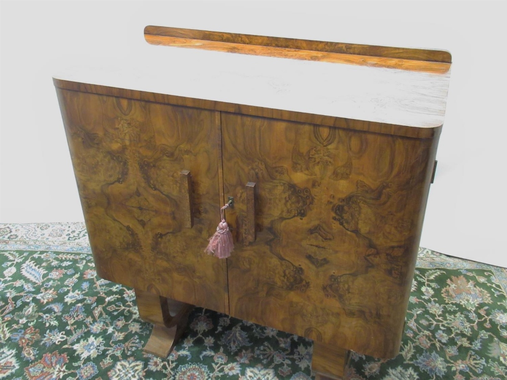 Art Deco figured and burr walnut side cabinet, twin doors revealing five drawers, part fitted with a - Image 3 of 3