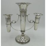 Geo.V hallmarked silver two branch epergne, three trumpets with shaped edge, on stepped circular