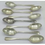Set of eight Geo.V hallmarked silver Rat tail table spoons, by Carrington & Co. London 1918 (2) 1919