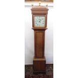Oak long case clock, 28cm square painted Roman dial with faux date aperture signed Kidds Malton,