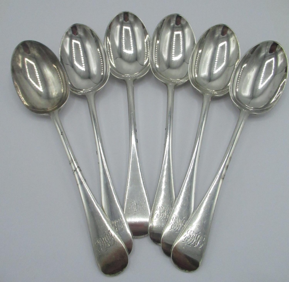 Set of six Victorian hallmarked silver Old English pattern table spoons, engraved with initials,