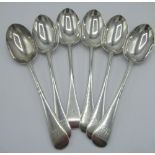 Set of six Victorian hallmarked silver Old English pattern table spoons, engraved with initials,