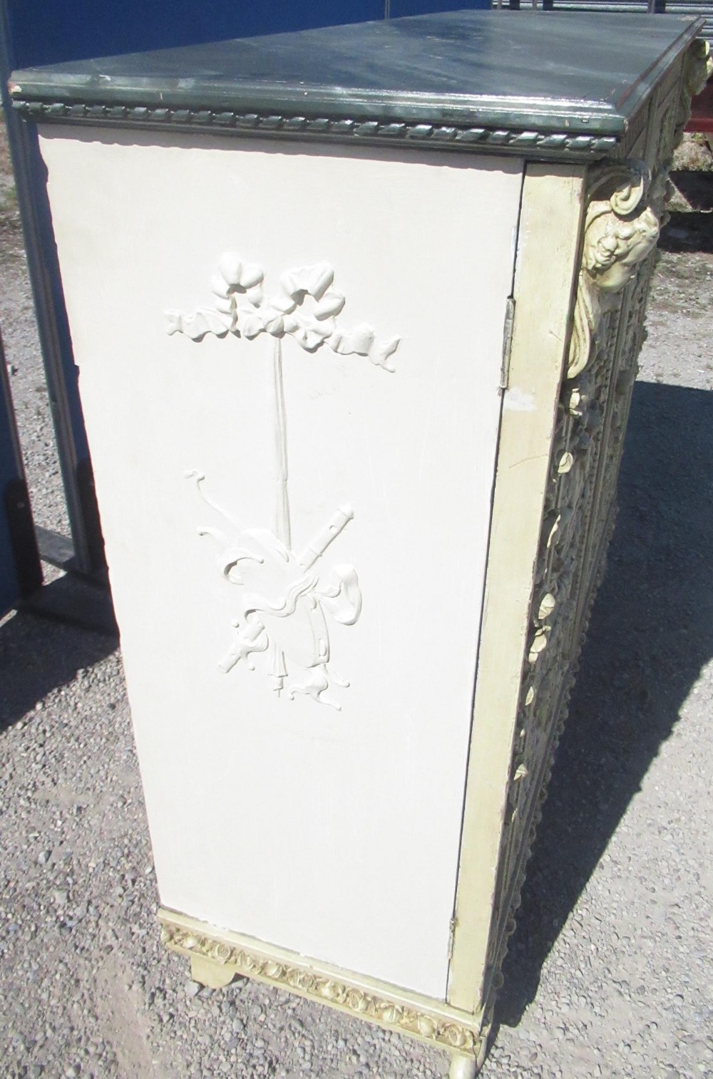 C19th Italian Revival cream and green painted cabinet, simulated marble top above two moulded - Image 4 of 6