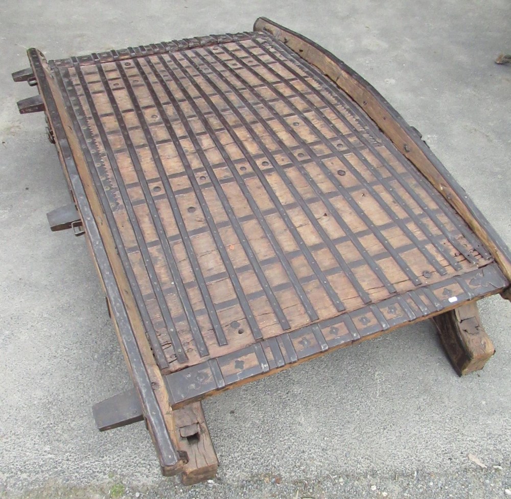 Vintage Indian iron bound hardwood ox cart, arched frieze with scroll supports, W195 D135 H46