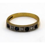 18ct yellow gold half hoop eternity ring set with three diamonds and four sapphires, size P, 3.3g