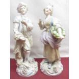 Pair of C20th Continental porcelain models of male fisherman and female fruit seller, both in