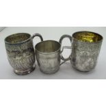 Three Victorian hallmarked silver Christening mugs, one with bright cut with loop handle and gilt