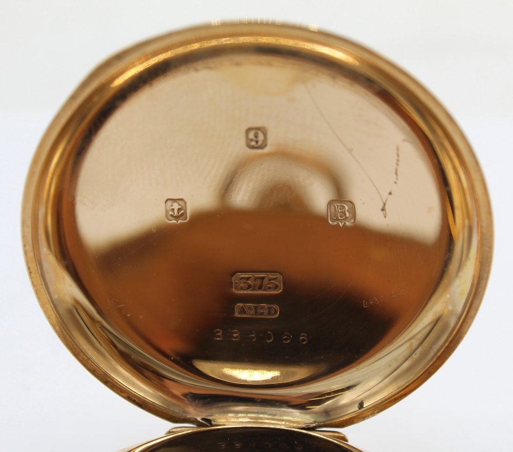 N B Swiss 9ct gold open faced keyless pocket watch, white enamel Arabic dial with rail track minutes - Image 3 of 3