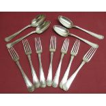 Set of seven C20th Danish silver table forks, stamped Kroch, two similar spoons stamped Prahl and