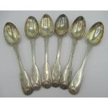 Set of six Victorian hallmarked silver Fiddle and Shell pattern tea spoons, engraved with