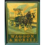 J.W Lees Brewery double sided wooden framed weatherproof hand painted hanging pub sign 'The Waggon