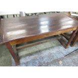 C19th French rustic stained wood kitchen table with cleated plank top and frieze drawer, chamfered