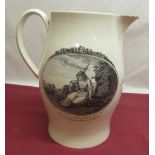 Large C18th Creamware jug, printed with oval panels and entitled; ‘Give to thy Bird his liberty o