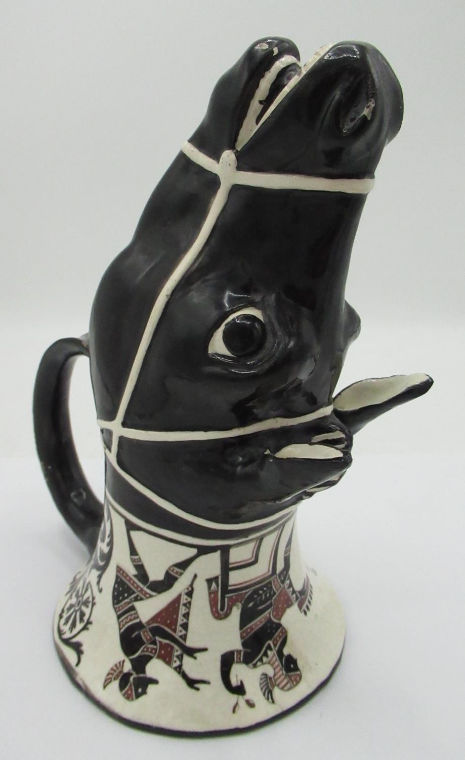 C20th pottery single handled Stirrup cup modelled as a horse head with Etruscan style figures and