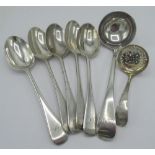 Set of five Victorian hallmarked silver Old English pattern dessert spoons, engraved with