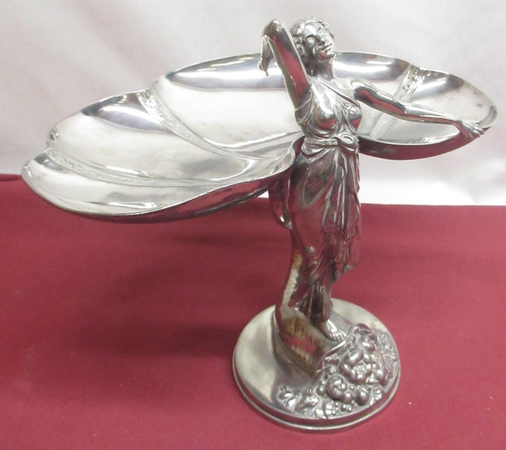 Art Nouveau WMF silver plated table centre, modelled as a maiden supporting a flower, on a