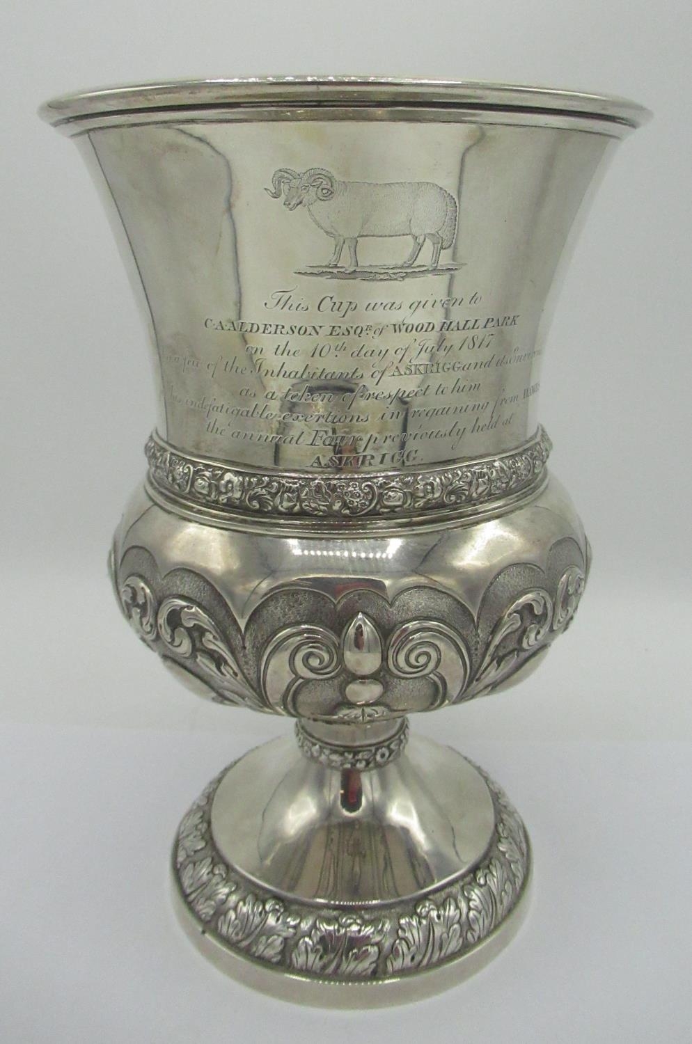 Geo.III York hallmarked silver urn shaped trophy cup, part repousse with scrolls, tapering