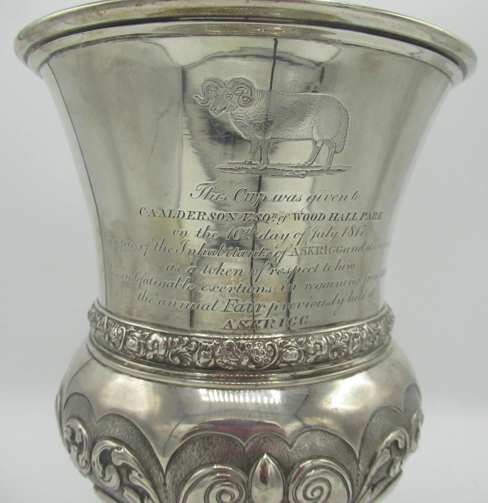 Geo.III York hallmarked silver urn shaped trophy cup, part repousse with scrolls, tapering - Image 2 of 4
