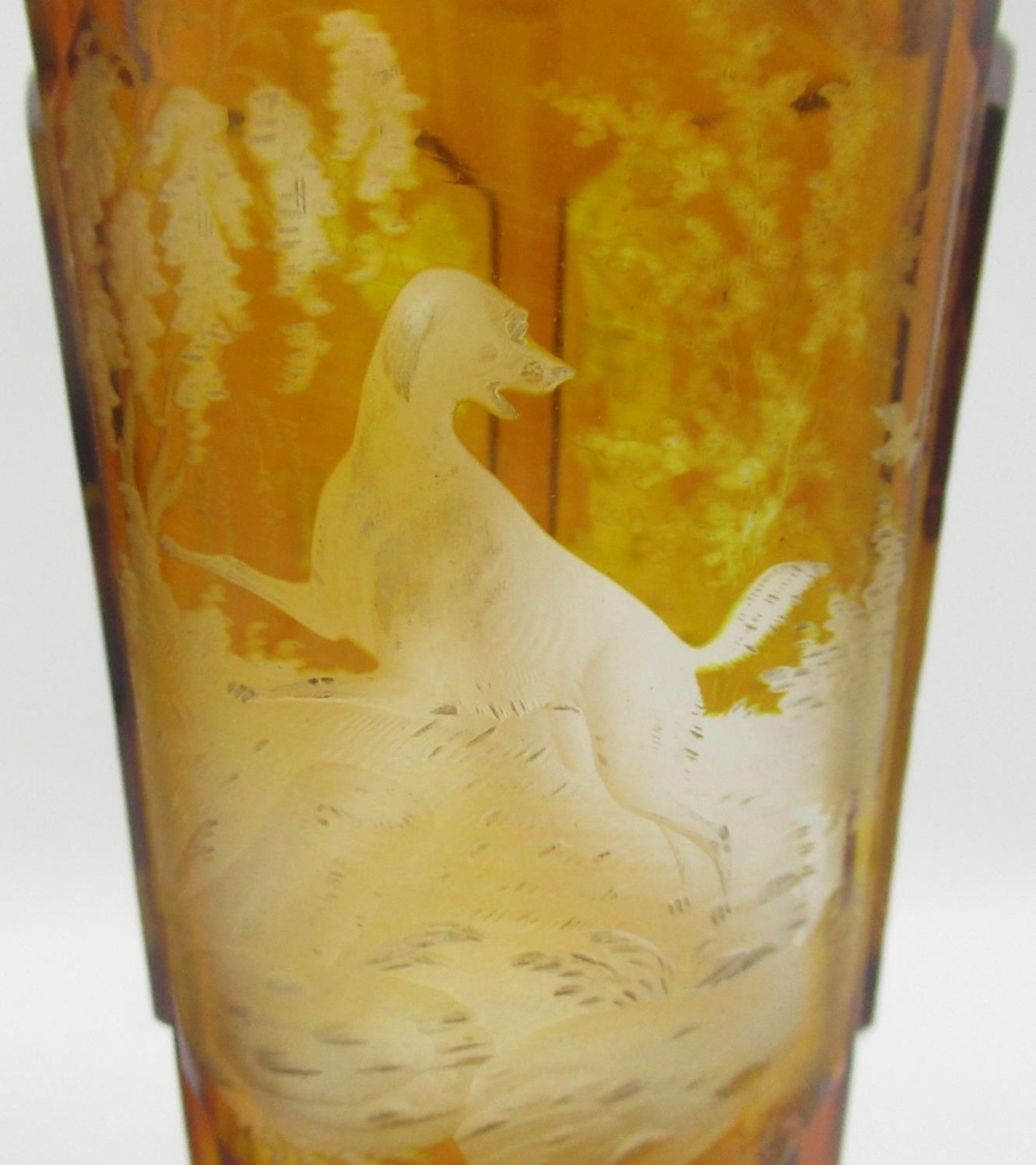 Pair of Bohemian amber glass Hunting goblets, tapering bowls etched in relief panels with Stag, - Image 4 of 4