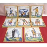 Eight Delft tiles, hand painted with C17th style figures in landscapes, 15cm square (8)