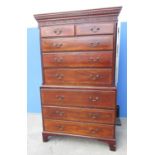 Late Geo. III mahogany chest on chest, dentil cornice with blind fret frieze above two short and six