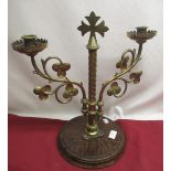 C20th brass Ecclesiastical two light candelabra, wrythen column with two clover leaf branches and