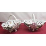 Pair of late C19th Sitzendorf pierced baskets, encrusted with trailing roses, and painted with