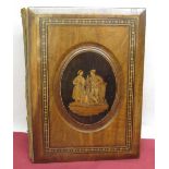 Late C19th Sorrento inlaid walnut folio, front with oval panel of a man, woman & child, in Tunbridge