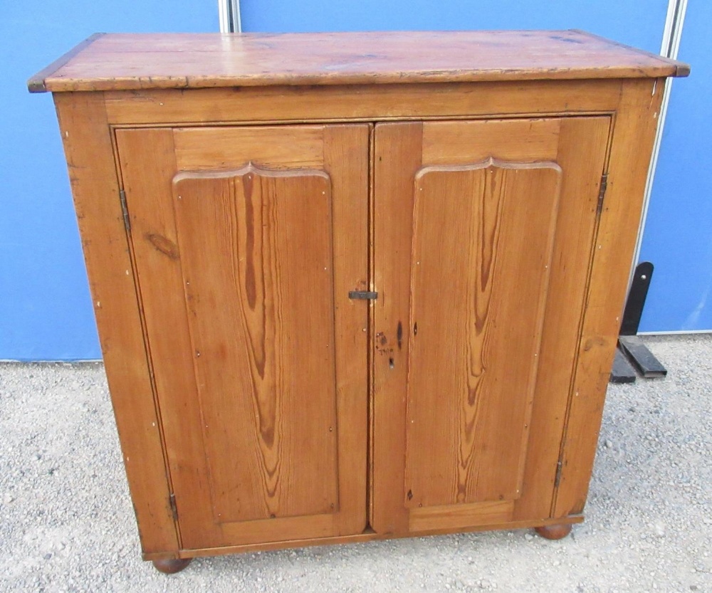 Waxed pine kitchen cupboard, moulded top and two raised panel doors, on bun