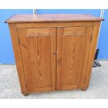 Waxed pine kitchen cupboard, moulded top and two raised panel doors, on bun