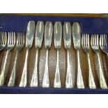 Set of six, Geo.V hallmarked silver fish knives & forks, with engraved detail, by Harrods Ltd.