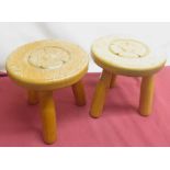 Pair of Yorkshire Oak stools, circular tops carved with a Yorkshire Rose, on three turned support,