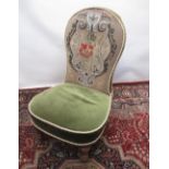 Victorian nursing chair, beadwork decorated upholstered back with bow seat on turned walnut legs