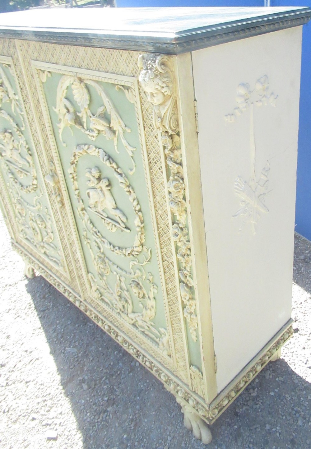 C19th Italian Revival cream and green painted cabinet, simulated marble top above two moulded - Image 5 of 6