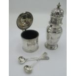 Geo.VI hallmarked silver mustard, drum body with bright cut bands and cartouche by Mappin & Webb Ltd