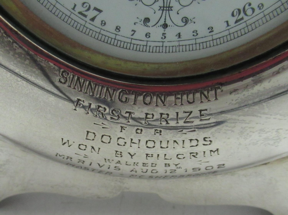 Early C20th presentation Aneroid barometer with 9cm circular white enamel dial, in Edw.VII - Image 2 of 3