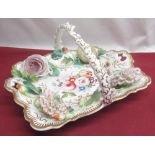 Victorian porcelain rectangular dish, hand painted with a floral bouquet and encrusted with flowers,