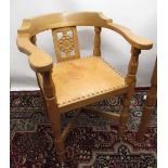 Old Mill Furniture Yorkhire Bow oak arm chair, with White Rose carved splat and brass nailed leather
