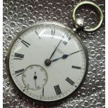 J. W. Benson silver key wound open faced pocket watch, white enamel Roman dial with rail track