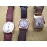 Three J.W Benson 9ct gold hallmarked cased mechanical wrist watches, one with rectangular dial (3)