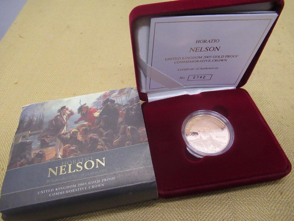 Royal Mint 2005 Horatio Nelson UK Gold Proof Commemorative Crown, encapsulated, cased and in card