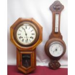 Early C20th oak cased wheel barometer and thermometer box with scroll decoration, H73cm, and a