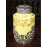 Victorian silver hallmarked silver mounted porcelain tea caddy, yellow body with gilt detail,