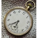 Derrick 9ct gold keyless open faced pocket watch, white enamel Arabic dial, rail track minutes and