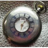 J. W. Benson silver keyless half Hunter pocket watch, white enamel Roman dial, rail track minutes