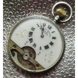 Hebdomas silver keyless open face pocket watch, white enamel Roman dial with visible balance, hinged