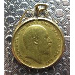 Edw.VII Sovereign 1910 in 9ct gold hallmarked loose mount