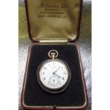 J. W. Benson 9ct gold keyless open faced pocket watch, white enamel Arabic dial, rail track minute