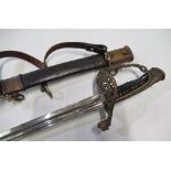 Continental naval officers sword with 27 1/2" slightly curved twin fullered blade, stamped with